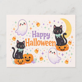 Cartão Postal De Festividades Gatos Fantasmas Aboboras Halloween Fofos Amigáveis