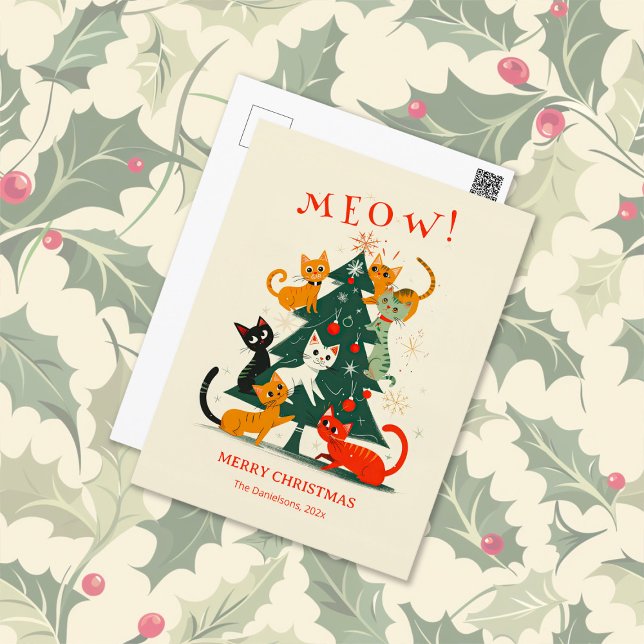 Cartão Postal De Festividades Gatos miam na árvore de Natal (Cats Meow on a Christmas Tree postcard)