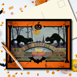 Cartão Postal De Festividades Gatos Pretos de Halloween Vintage