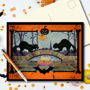 Cartão Postal De Festividades Gatos Pretos de Halloween Vintage