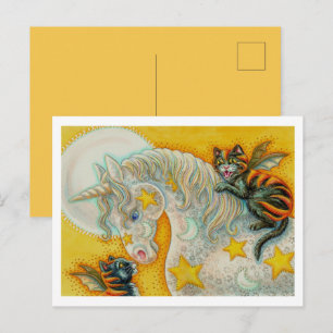 CARTÃO POSTAL DE FESTIVIDADES GATOS PRETOS EM CHAMAS COM UNICÓRNIOS DE HALLOWEEN