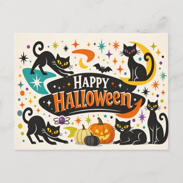 Cartão Postal De Festividades Gatos Pretos Retrô de Halloween (Frente)