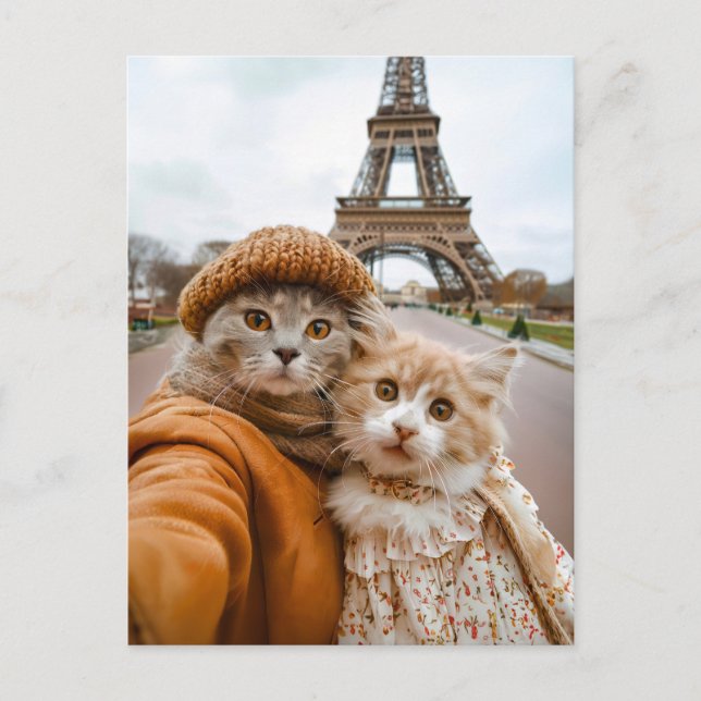 Cartão Postal De Festividades Gatos Românticos em Paris (Frente)