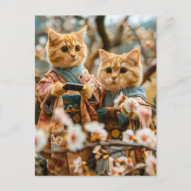 Cartão Postal De Festividades Gatos sob flores de cerejeira no Japão (Frente)