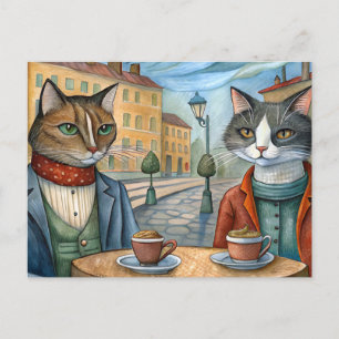Cartão Postal De Festividades Gatos vestidos comendo em um café