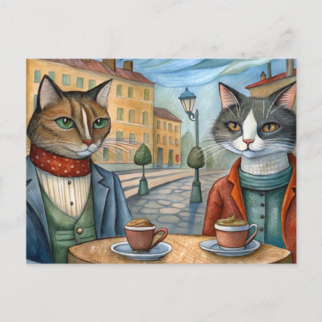 Cartão Postal De Festividades Gatos vestidos comendo em um café (Frente)