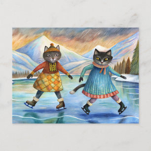Cartão Postal De Festividades Gatos vestidos de patinação no lago dos Alpes
