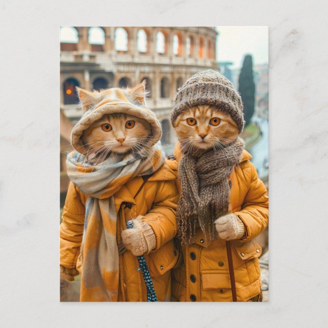 Cartão Postal De Festividades Gatos visitando o Coliseu em Roma (Frente)