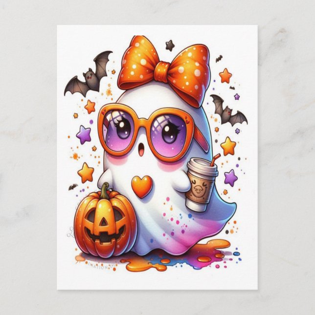 Cartão Postal De Festividades Ghost Bebida Pumpkin Spooky 2025 (Frente)