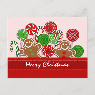Cartão Postal De Festividades Gingerbreads de Natal vermelhos