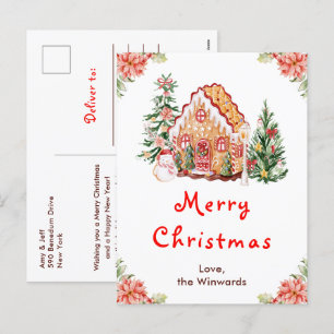 Cartão Postal De Festividades Gingercake House Red Merry Christmas