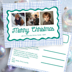 Cartão Postal De Festividades Gingham Ondulado Azul Verde Natal Personalizado 3 