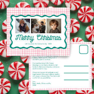 Cartão Postal De Festividades Gingham Wavy Pink Green Christmas Personalizado 3