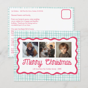 Cartão Postal De Festividades Gingham Wavy Pink Green Christmas Personalizado 3