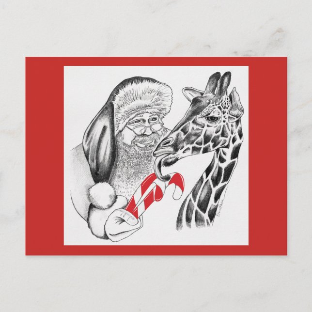 Cartão Postal De Festividades Girafa de Natal e Papai Noel (Frente)