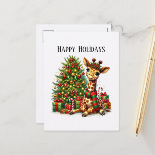Cartão Postal De Festividades Girafa de Natal Festivo Feliz Férias