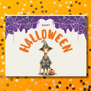 Cartão Postal De Festividades Girafa Feiticeira de Halloween Fofo Feliz Hallowee