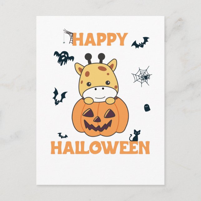 Cartão Postal De Festividades Girafa Na Abóbora Girafas Fofas Feliz Halloween (Frente)