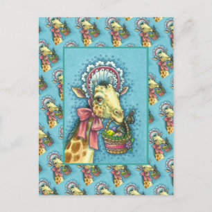 CARTÃO POSTAL DE FESTIVIDADES GIRAFFE EM BONNET DE PÁSCOA DE PRIMAVERA, CESTA D