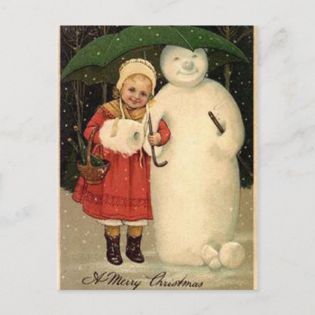 Cartão Postal De Festividades Girl with Snowman (Frente)