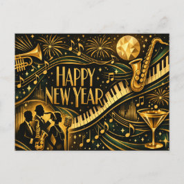 Cartão Postal De Festividades Glamoroso Ano Novo Jazz Art Déco Dourado