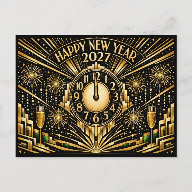 Cartão Postal De Festividades Glamorous Gold Art Deco Midnight New Year (Frente)