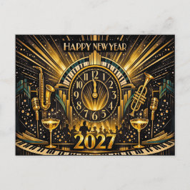 Cartão Postal De Festividades Glamorous Gold Art Deco New Year Jazz Celebration
