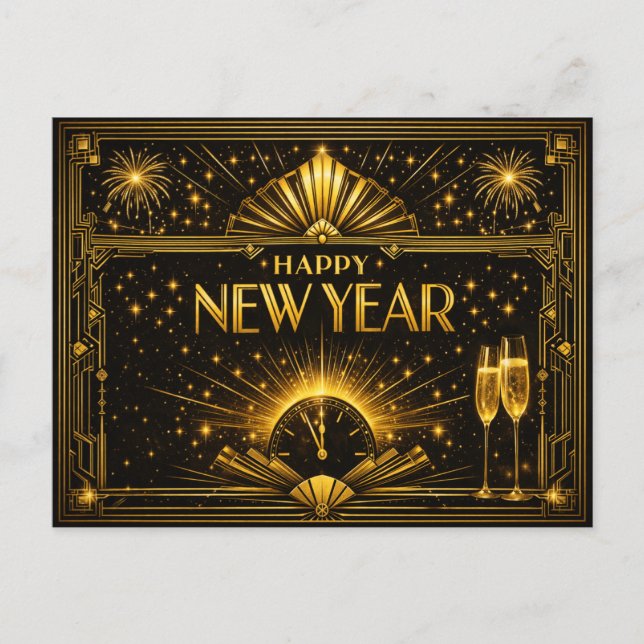 Cartão Postal De Festividades Glamorous Gold Black Art Deco New Year (Frente)
