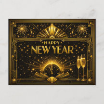 Glamouroso Ano Novo Preto Art Déco Dourado