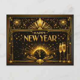 Cartão Postal De Festividades Glamouroso Ano Novo Preto Art Déco Dourado