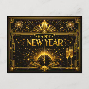 Cartão Postal De Festividades Glamouroso Ano Novo Preto Art Déco Dourado
