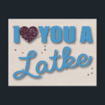 Cartão Postal De Festividades Glitter and Latkes Hanukkah<br><div class="desc">Glitter and Latkes Hanukkah Holiday Postcard – Presenting a super fun digital scrap booking Hanukkah greeting card. With the word play "I Love You a Latke" and glitter hearts to say to that special someone you love them. Happy Hanukkah!</div>