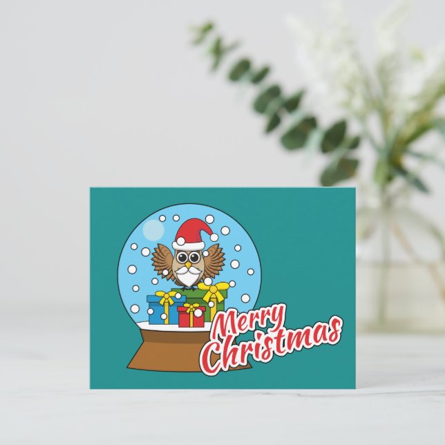 Cartão Postal De Festividades Globo de Neve com Santa Claus Owl (Em pé/Frente)