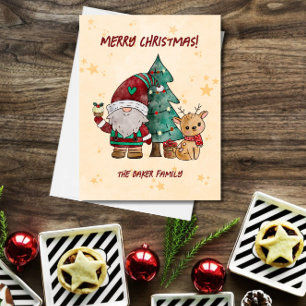 Cartão Postal De Festividades Gnome do Natal Rena Aquarela