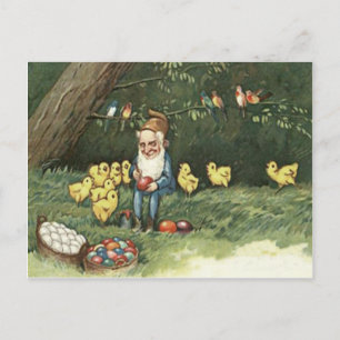 Cartão Postal De Festividades Gnome Elfo Páscoa Ovo Pintado Colorido Frango