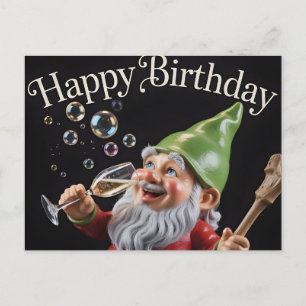 Cartão Postal De Festividades Gnome "Feliz Aniversário" com Champanhe e Bolhas