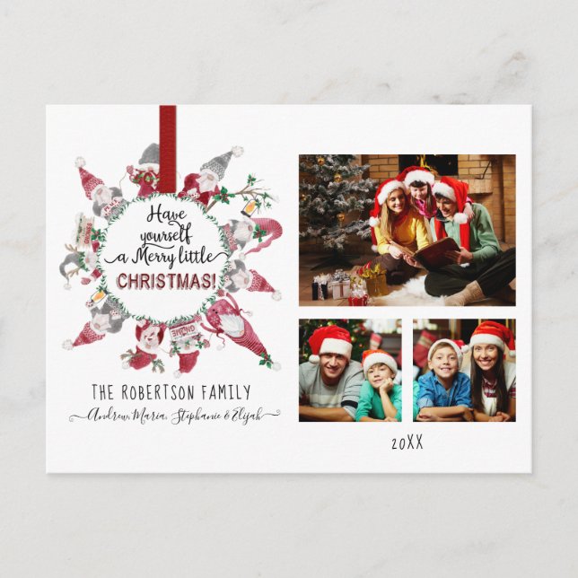 Cartão Postal De Festividades Gnome Merry Little Christmas Red Gray Family Photo (Frente)