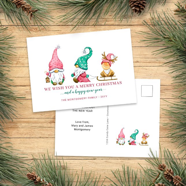Cartão Postal De Festividades Gnomo Bonito Natal (Cute Christmas Gnomes Holiday Post Card)