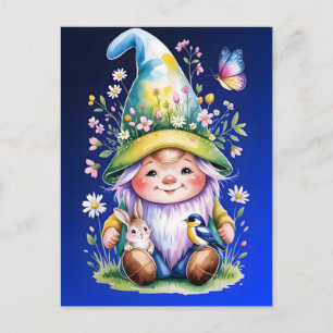 Cartão Postal De Festividades Gnomo da Primavera com Coelho e Azulinho