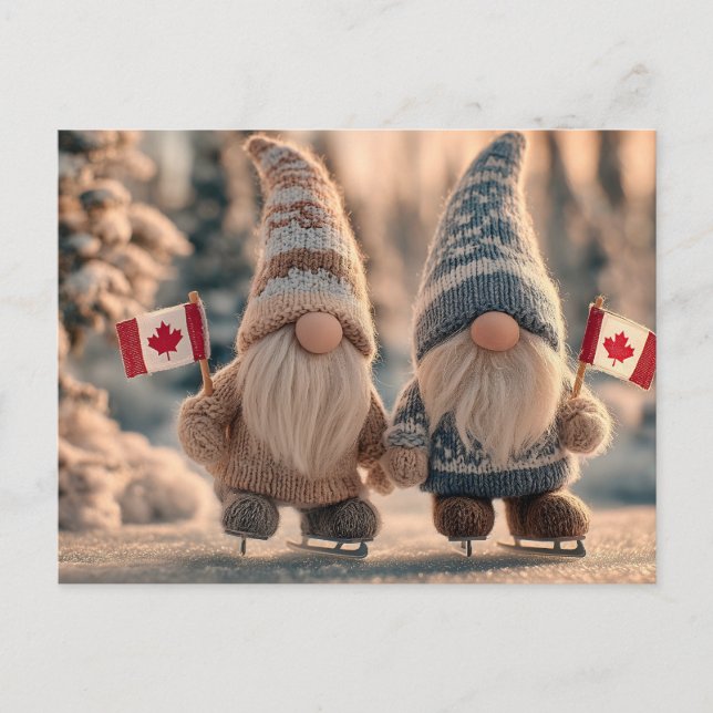 Cartão Postal De Festividades Gnomos canadenses fofos patinando no gelo no inver (Frente)