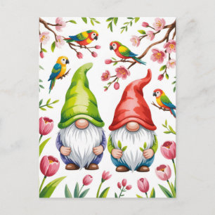 Cartão Postal De Festividades Gnomos de Jardim com Papagaios Tropicais