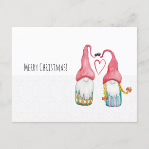 Cartão Postal De Festividades Gnomos de Natal Apaixonados Aquarela Pintada à Mão