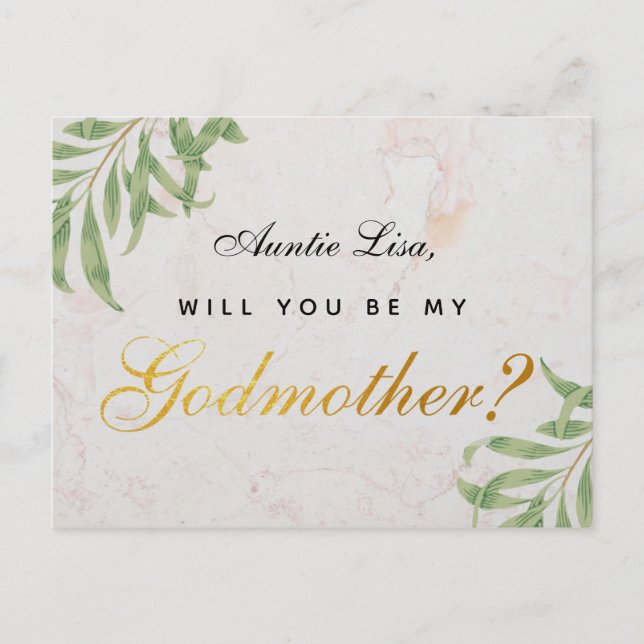 Cartão Postal De Festividades Godmother Proposal Foliage Marble Faux Gold Script (Frente)