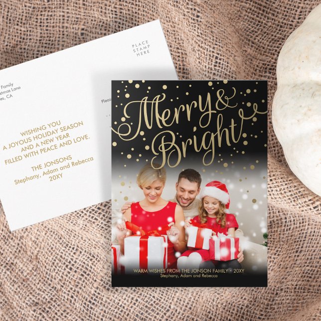 Cartão Postal De Festividades Gold Confetti Merry Bright Photo Xmas Postcard (Criador carregado)