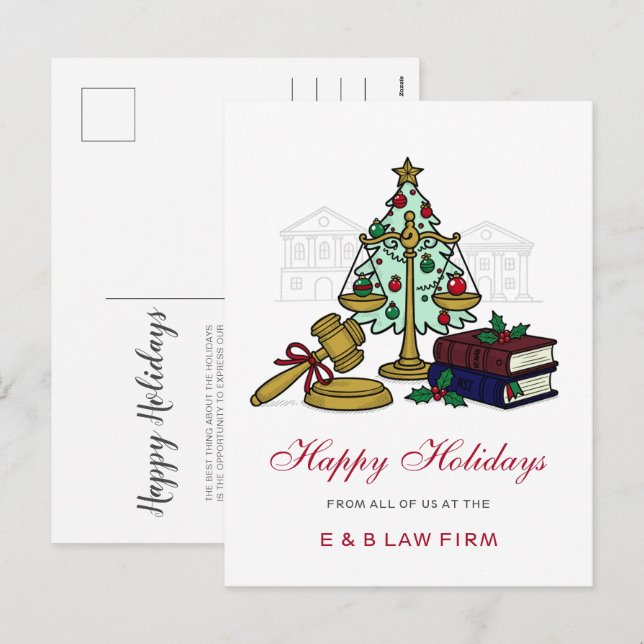 Cartão Postal De Festividades Gold Justice Scale Holly Wreath Lawyer Christmas (Frente/Verso)