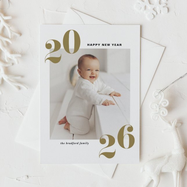 Cartão Postal De Festividades Gold Modern Typography Happy New Year 2022 Photo (Customizable photo Happy New Year postcard featuring 2026 in gold retro bold typography.)