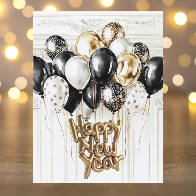 Cartão Postal De Festividades Gold Silver Black Balloons Happy New Year (Criador carregado)