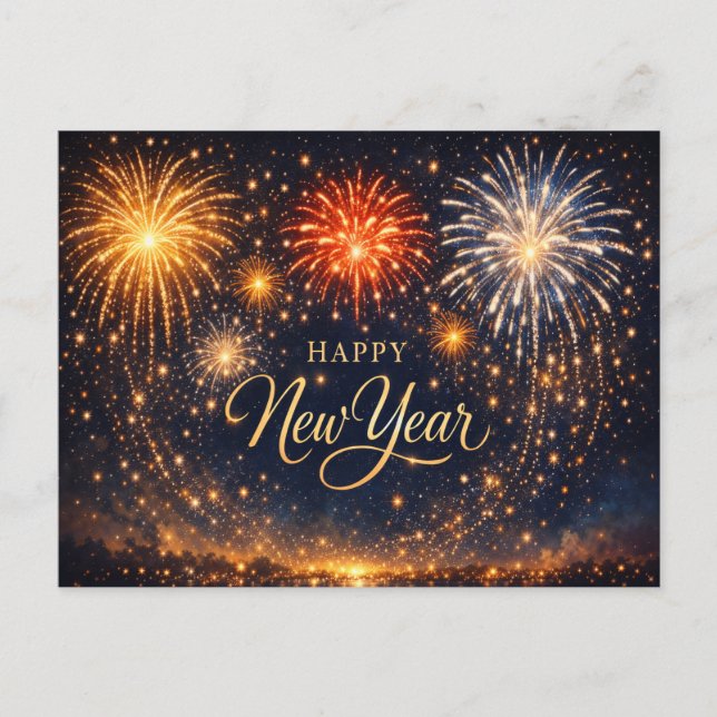 Cartão Postal De Festividades Golden Fireworks Night Sky New Year (Frente)