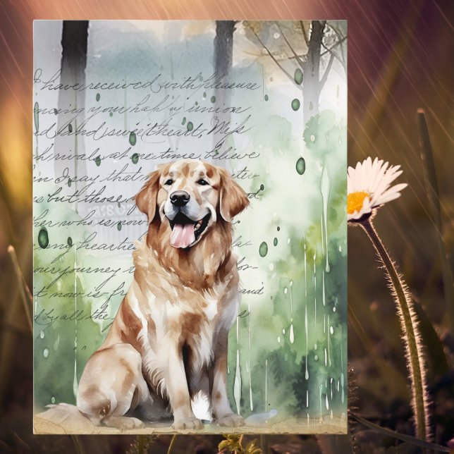 Cartão Postal De Festividades Golden Retriever na Chuva de Primavera Aquarela Vi (Criador carregado)