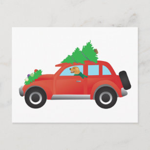 Cartão Postal De Festividades Golden retriever que conduz o carro com árvore de